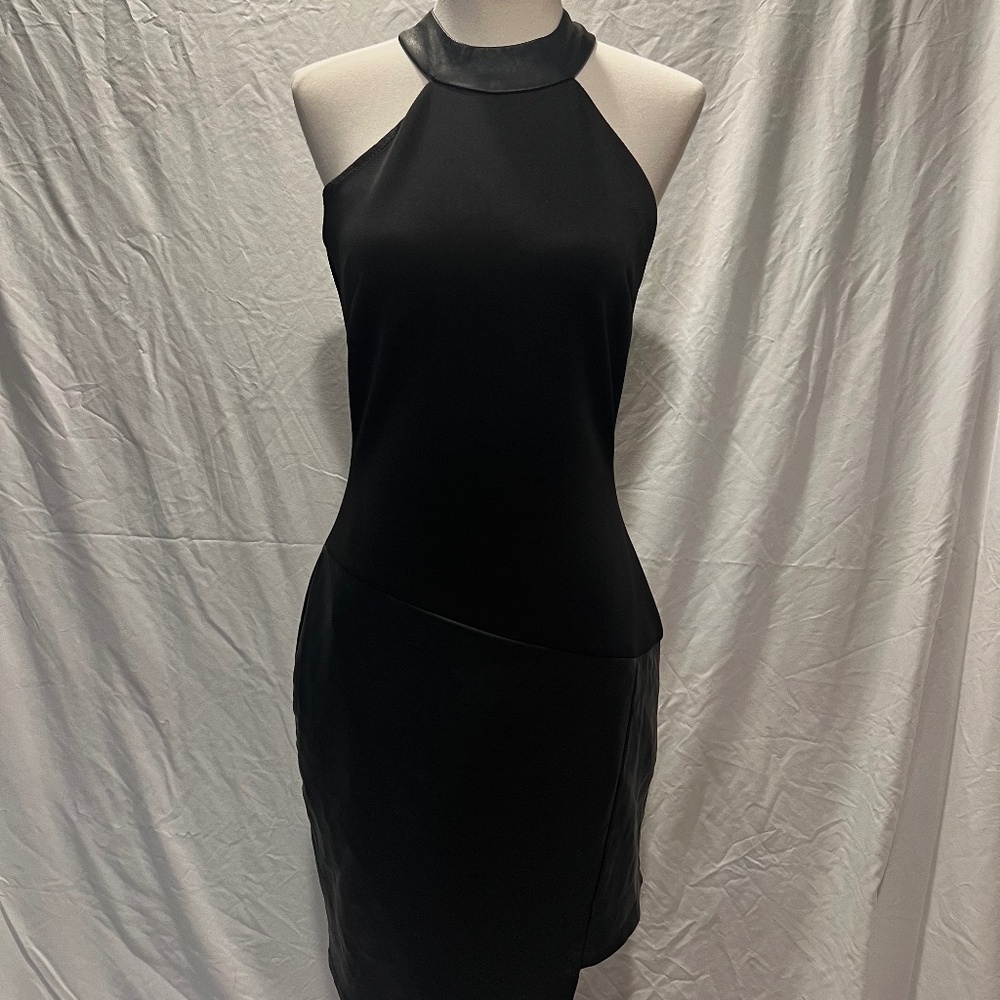 Mixed Material Elegant Black Halter Dress